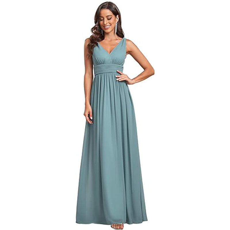 Sleeveless Mid-Waist Long Wedding Dress with Embroidery