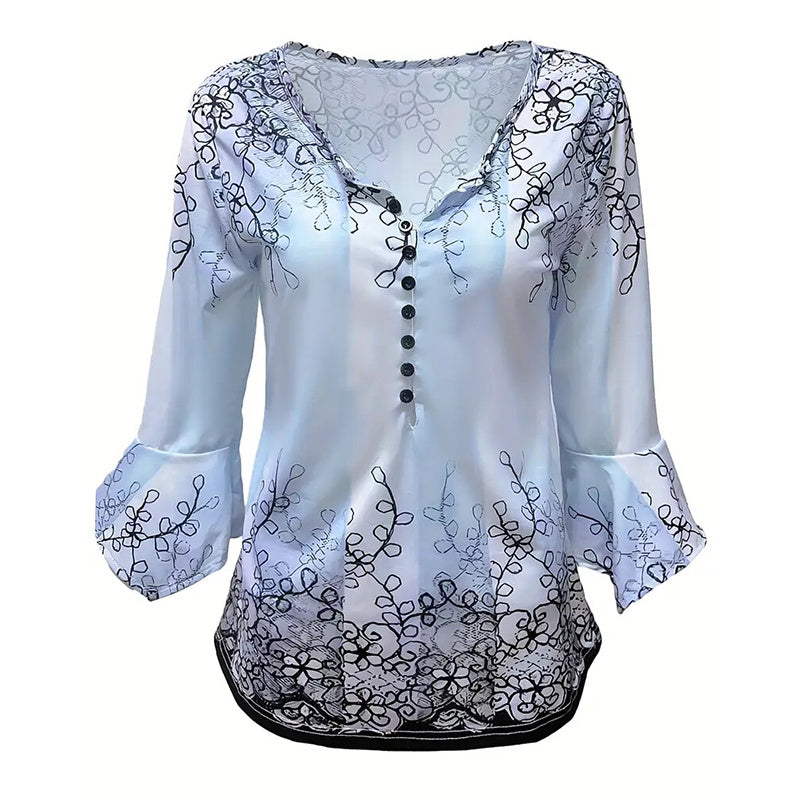 Women's V-Neck 3/4 Sleeve Button Front Tunic Blouse Dressy Casual Tee Top