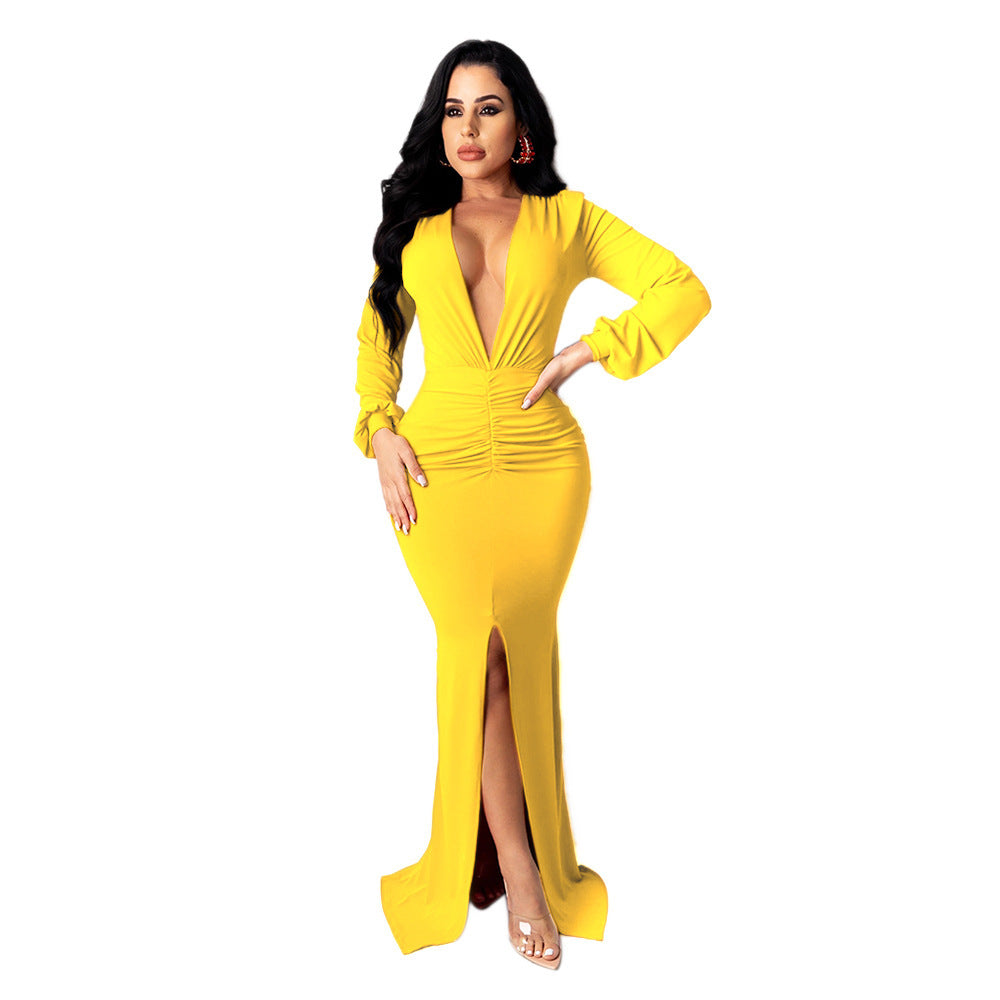 High-Waist Long Sleeve Dress – S–XXL – Yellow, Orange, Red, Black