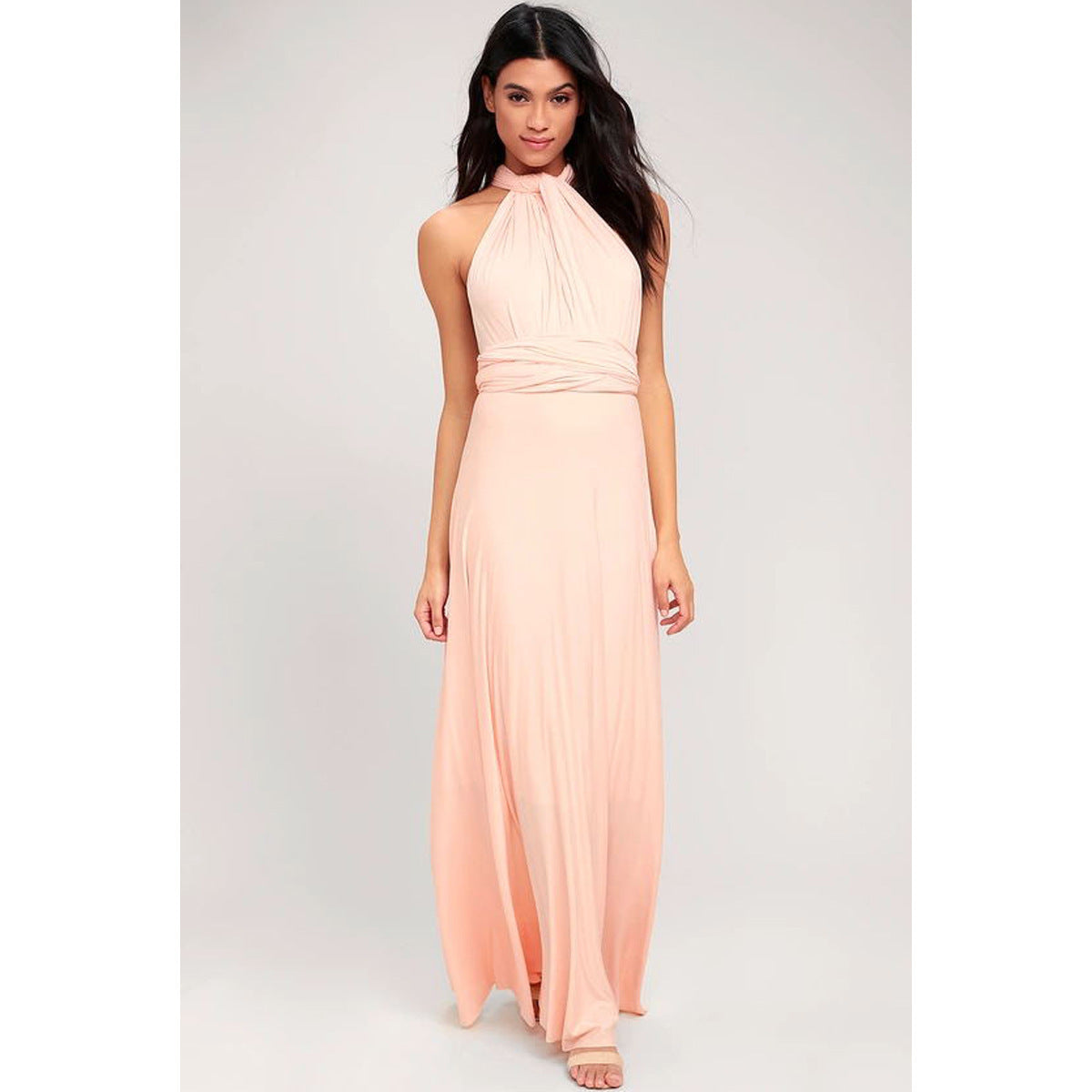Women's Multi-Way Convertible Halter Maxi Dress – Backless Lace-Up Gown with Long Straps