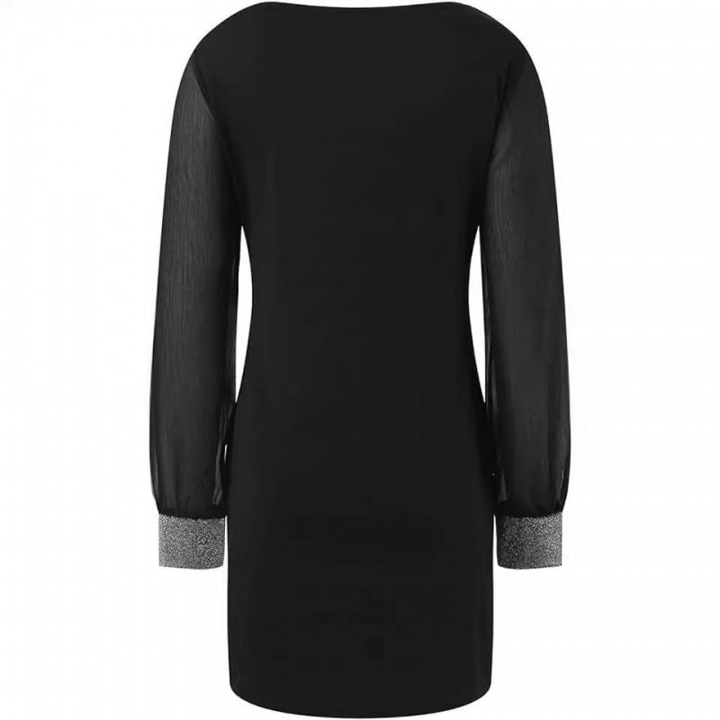Black Sequin Stitching Pullover Dress – Street Style High Waist Mid-Length Dress