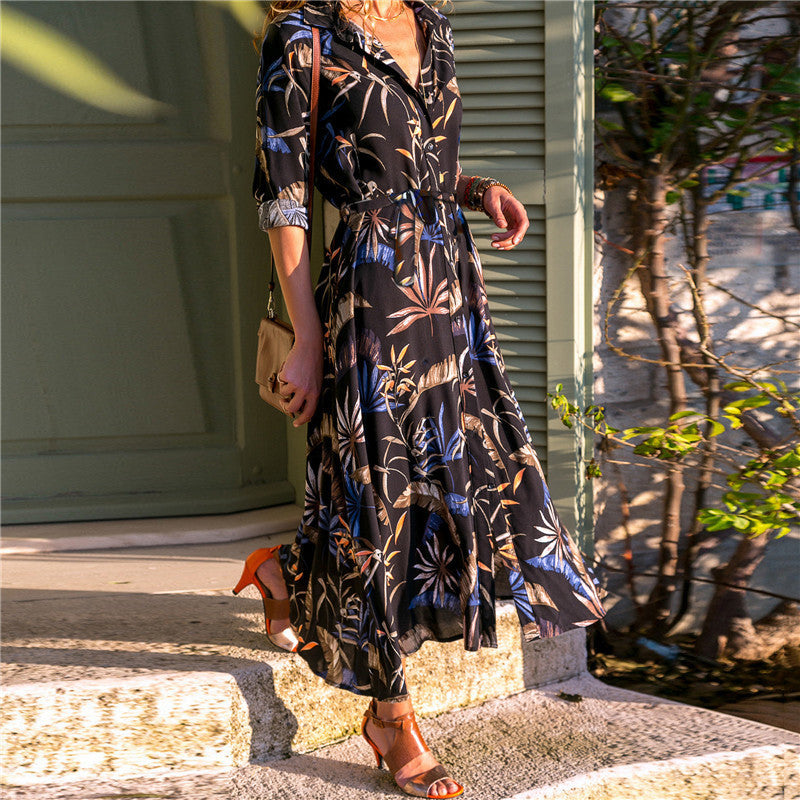 Printed Chiffon V-Neck A-Line Dress – High Waist Stitch Detail Midi Dress