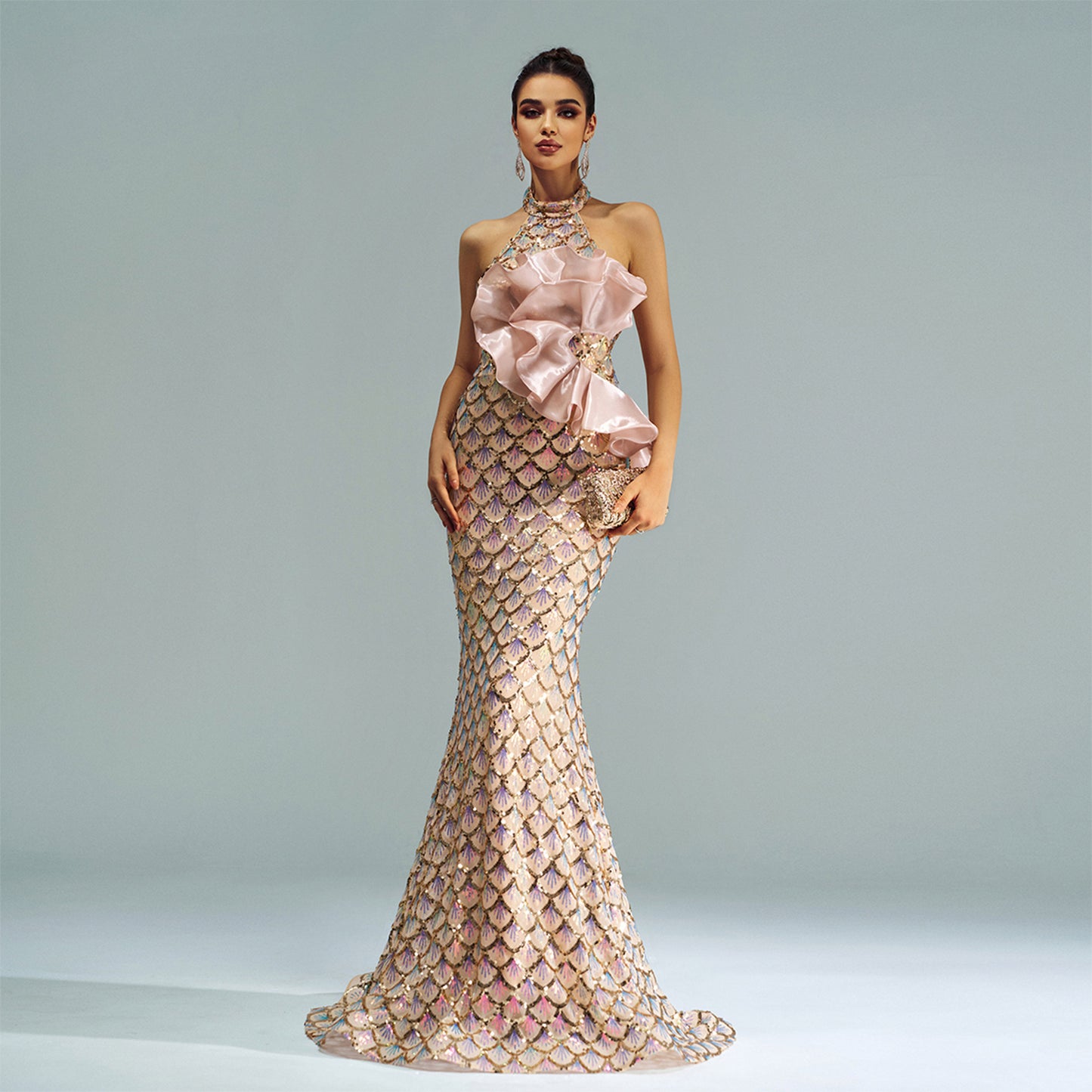 Sexy Champagne High-Waist Long Dress – Hip Skirt with Sequins, S–XL