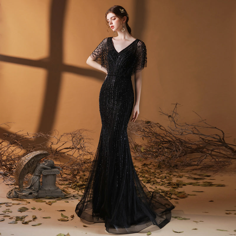 Fashion Solid Color Fishtail Dress with Flying Sleeves – Mid Waist, Black / Wine Red / Gold / Gray