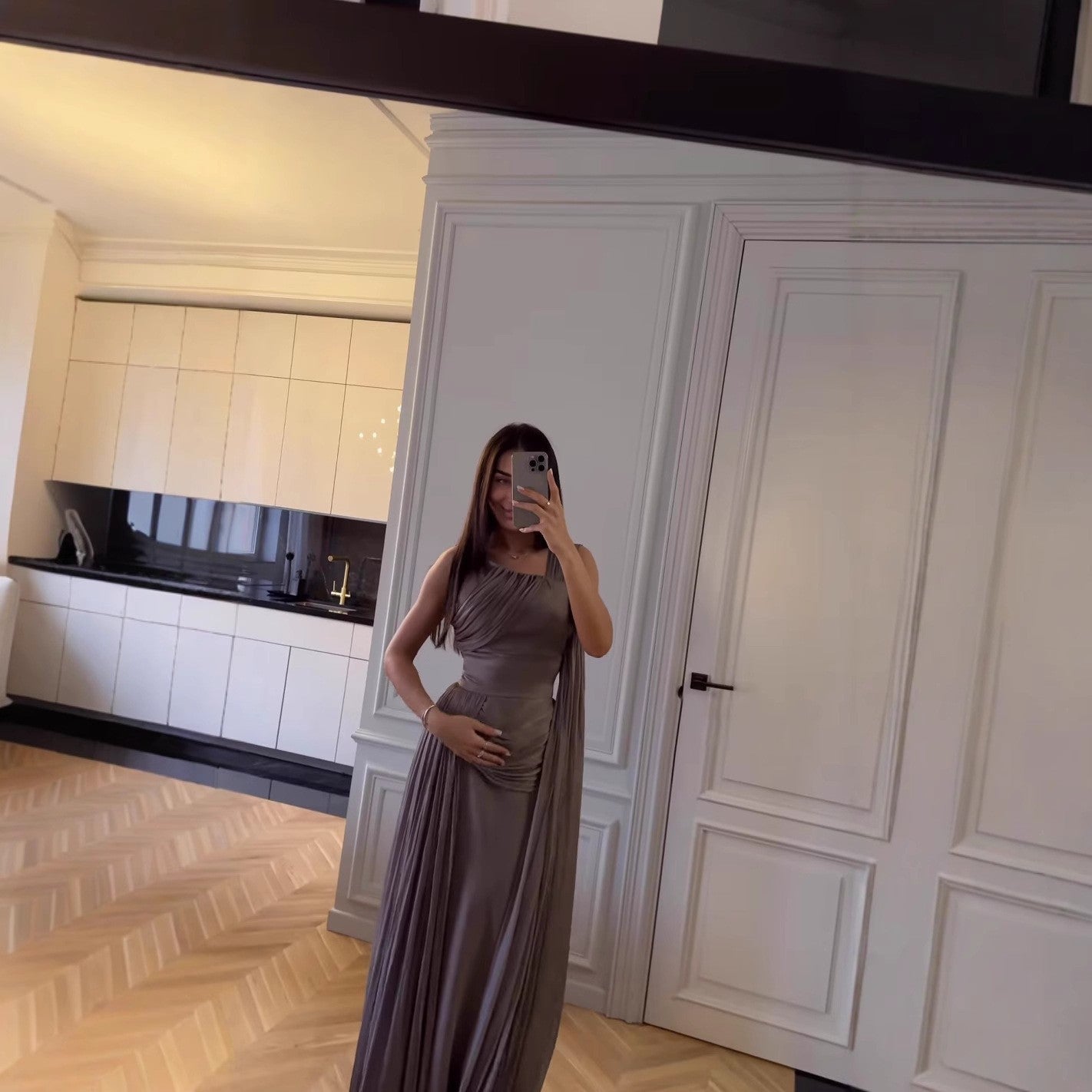 Greyish Purple Sleeveless Long Dress with Ribbon – Mid Waist, S to XXL