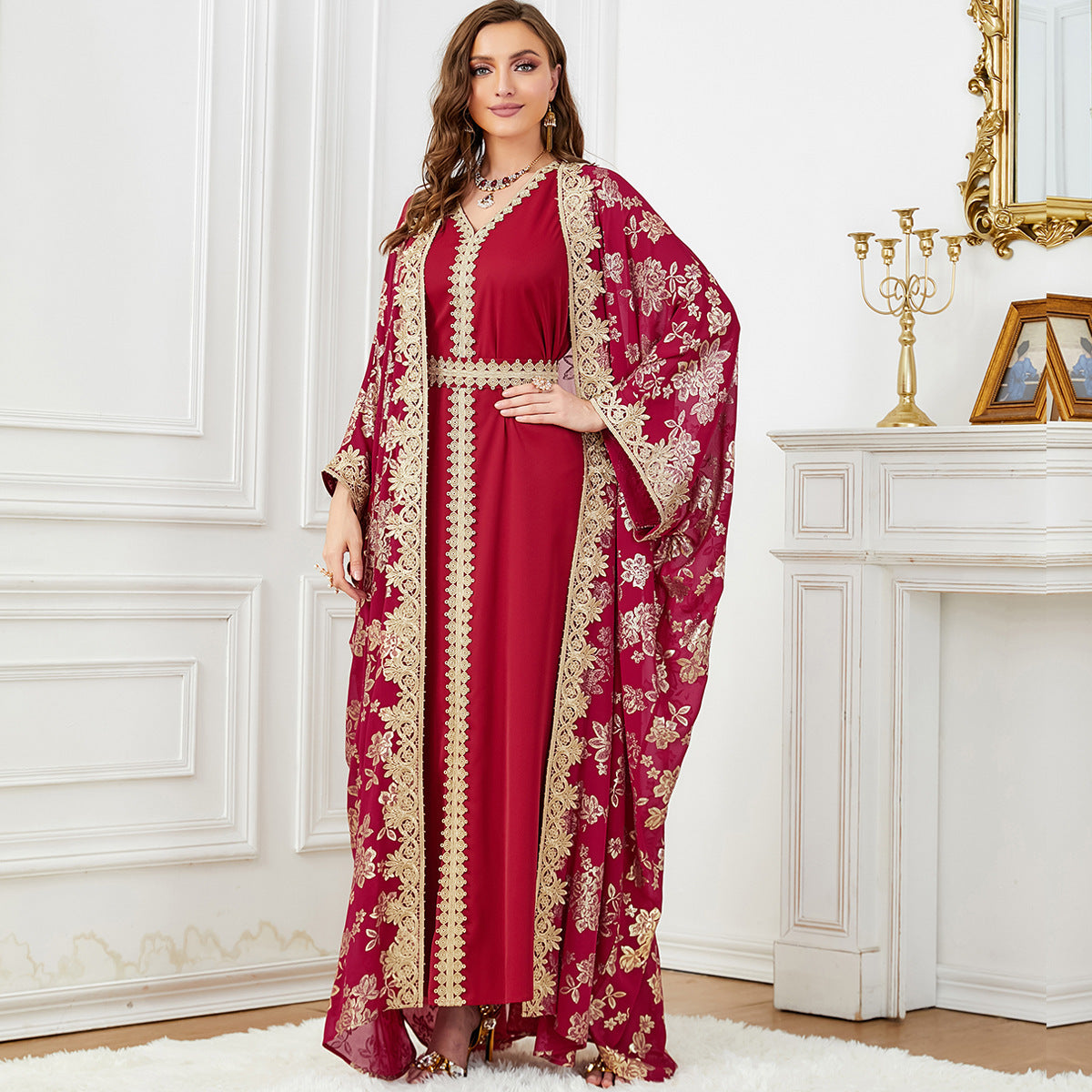 Elegant Long Belted Dress with Gold Detailing – Women's Polyester Maxi Dress