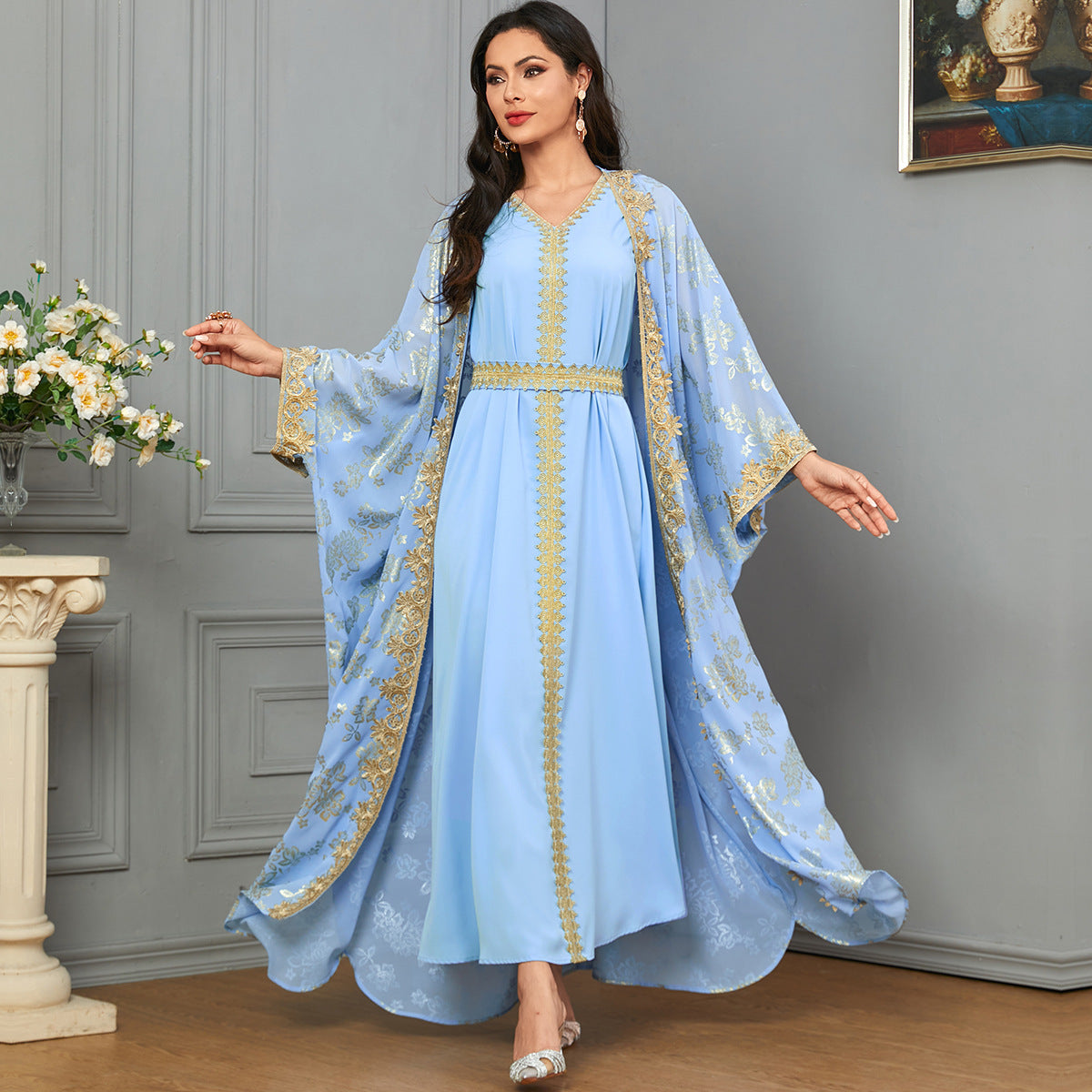Elegant Long Belted Dress with Gold Detailing – Women's Polyester Maxi Dress
