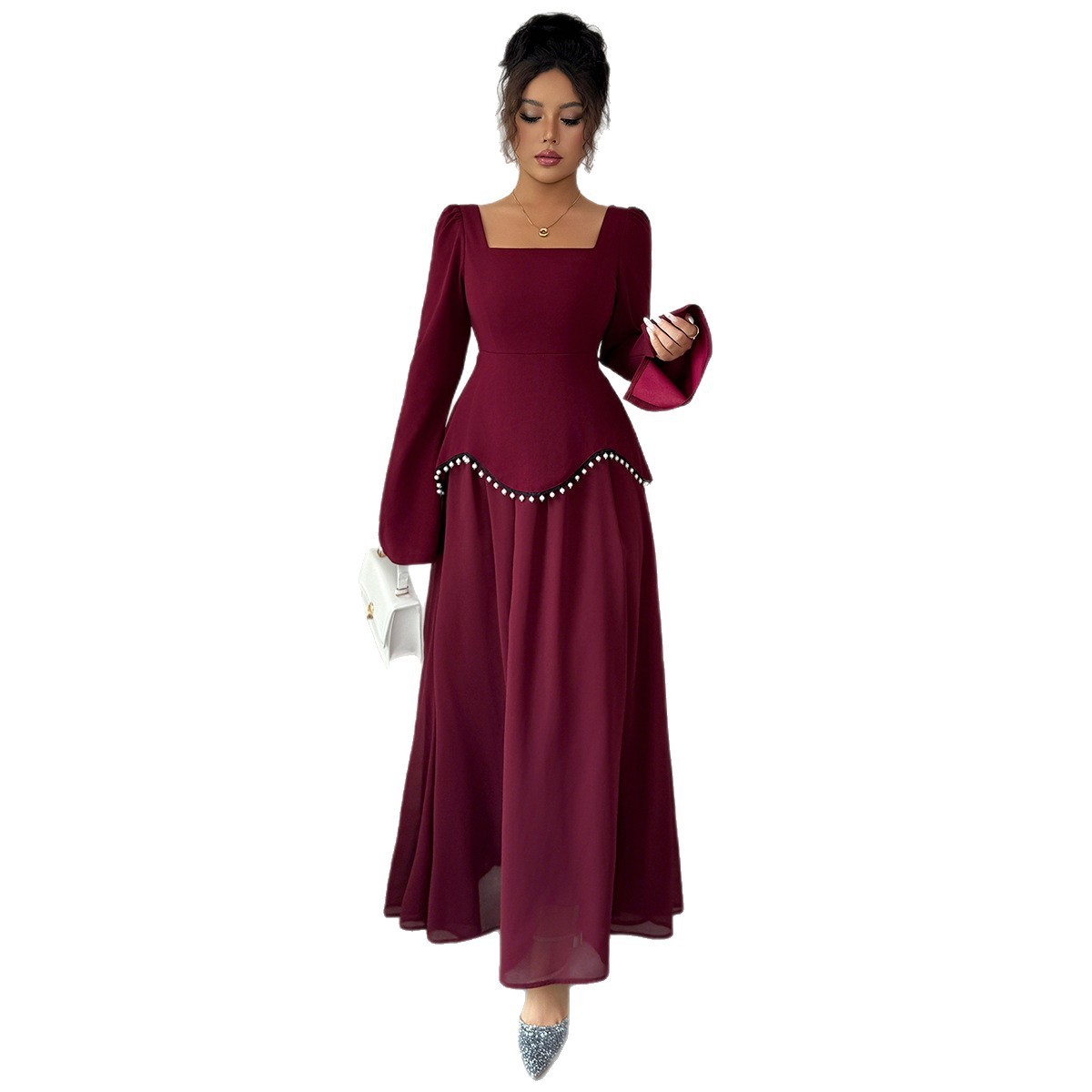 Women's Purplish Red Bell Sleeve Midi Dress – Elegant Mid Waist Long Sleeve Dress