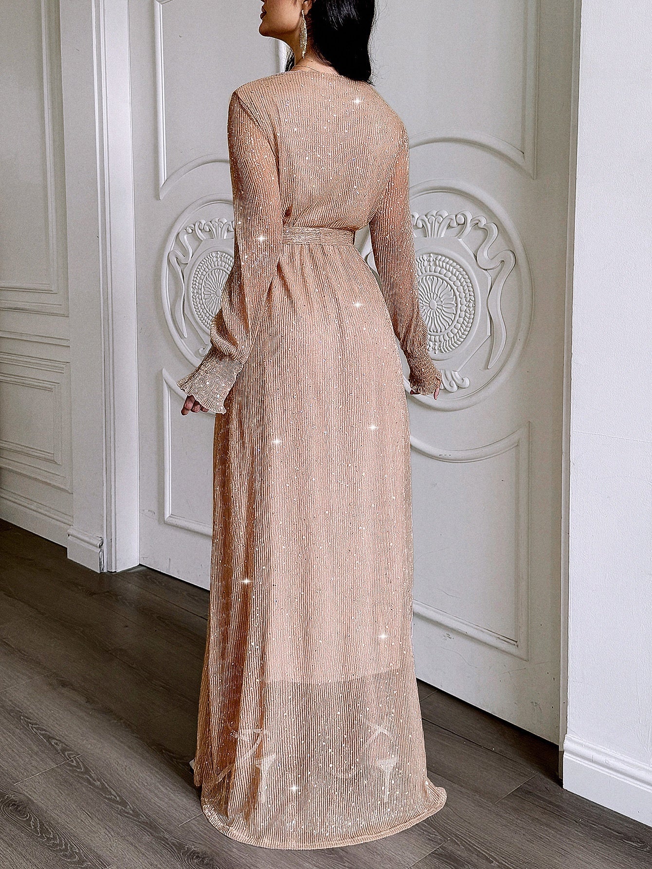 Women's Sequin Lace-Up Dress with Bell Sleeves – Adjustable Waist Party Dress