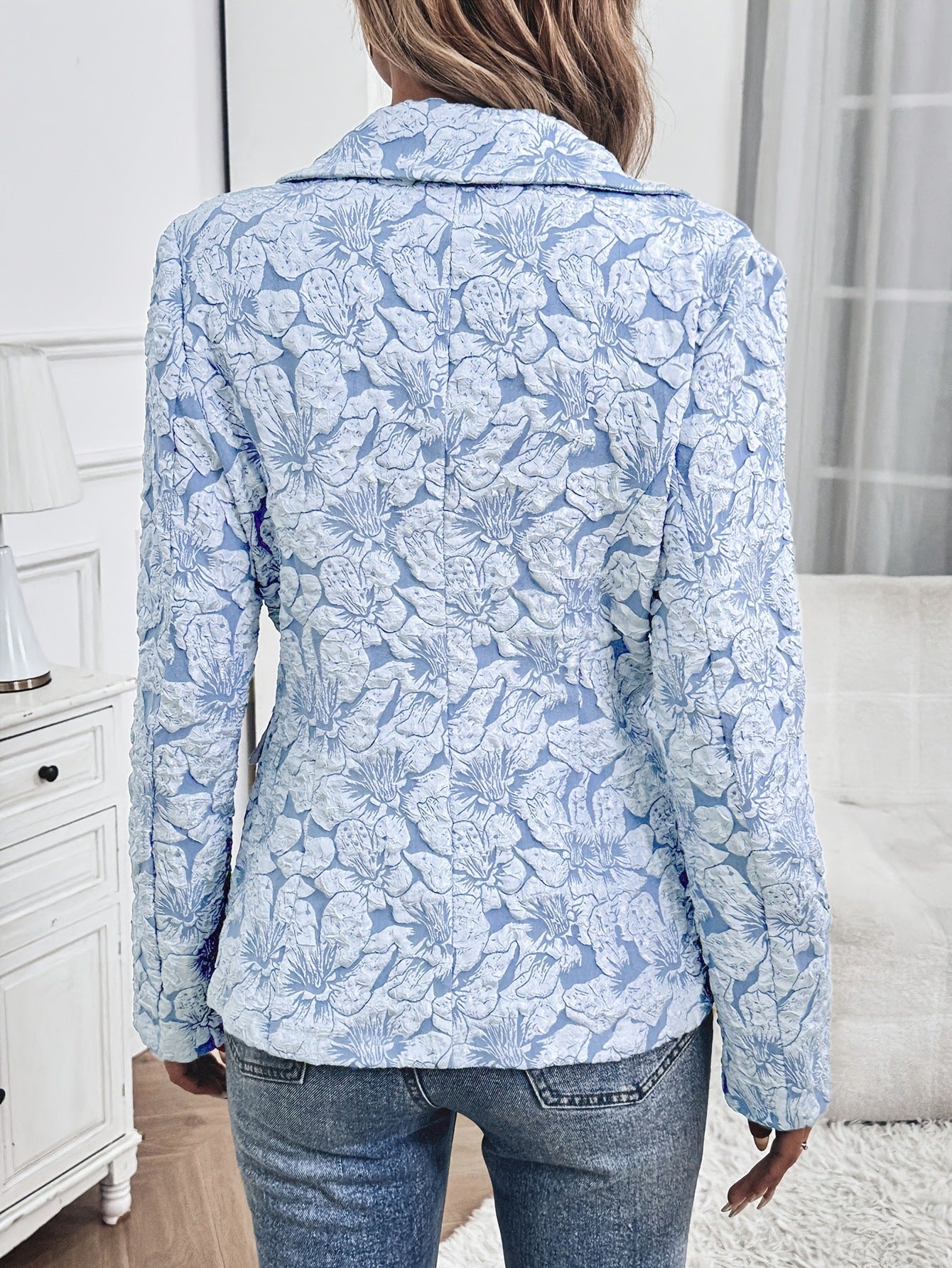 Women’s Chenille Coat – Sky Blue & White T-Shirt Style with Princess Sleeves