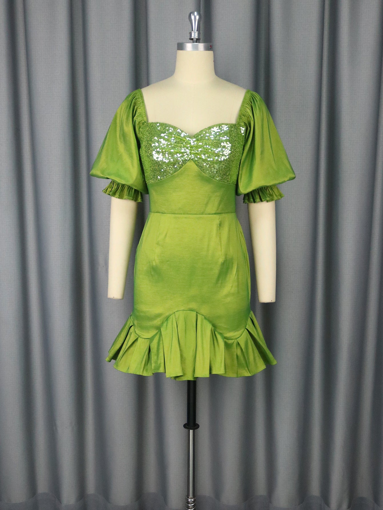 Elegant Mustard Green High-Waist Puff Sleeve Dress – Short Hip Skirt
