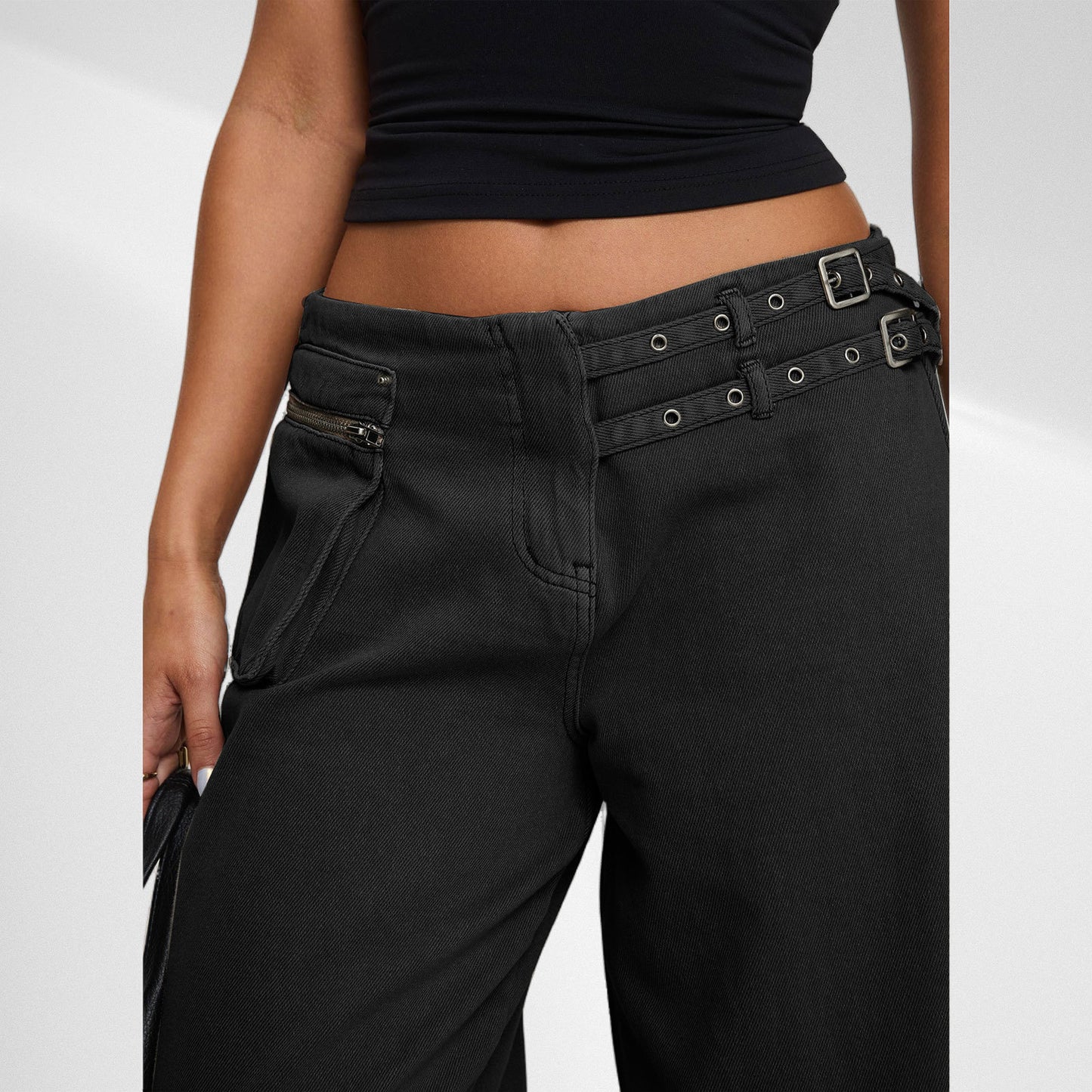 European & American Style Dark Wide-Leg Jeans with Unique Belt Buckle, Asymmetric Pocket, and Trendy Streetwear Vibe