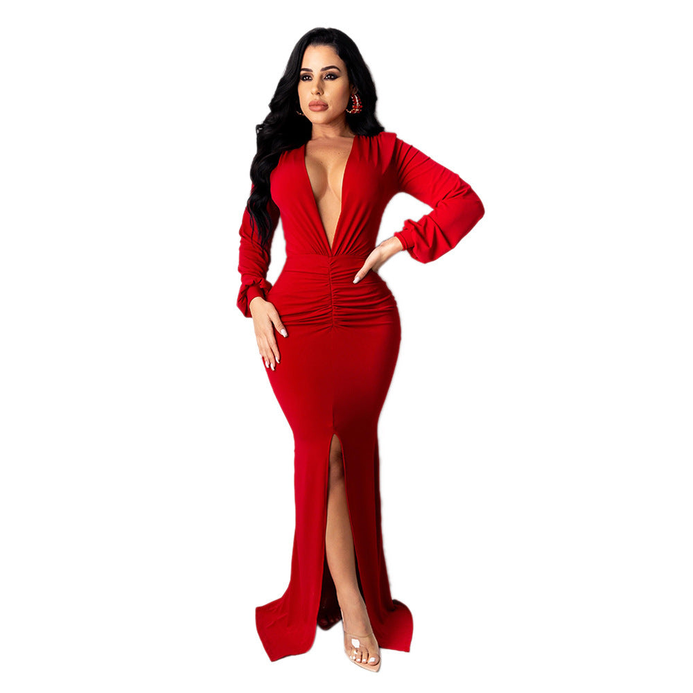 High-Waist Long Sleeve Dress – S–XXL – Yellow, Orange, Red, Black