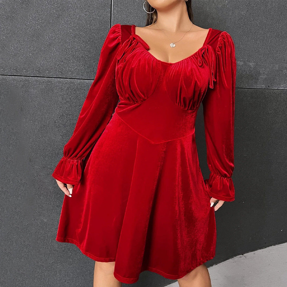 Plus Size Red A-Line High Waist Dress – Solid Color Polyester Dress