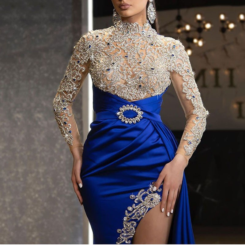 Women's Elegant Embroidered Long Sleeve Maxi Dress – Blue Mid-Waist Commuter Style