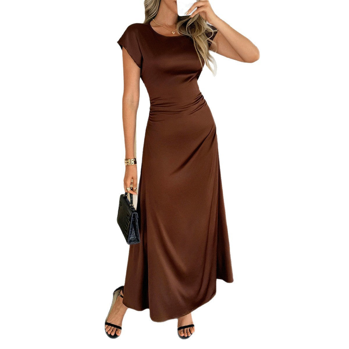 Women's Brown Adjustable Waist Midi Dress – Elegant Polyester Dress