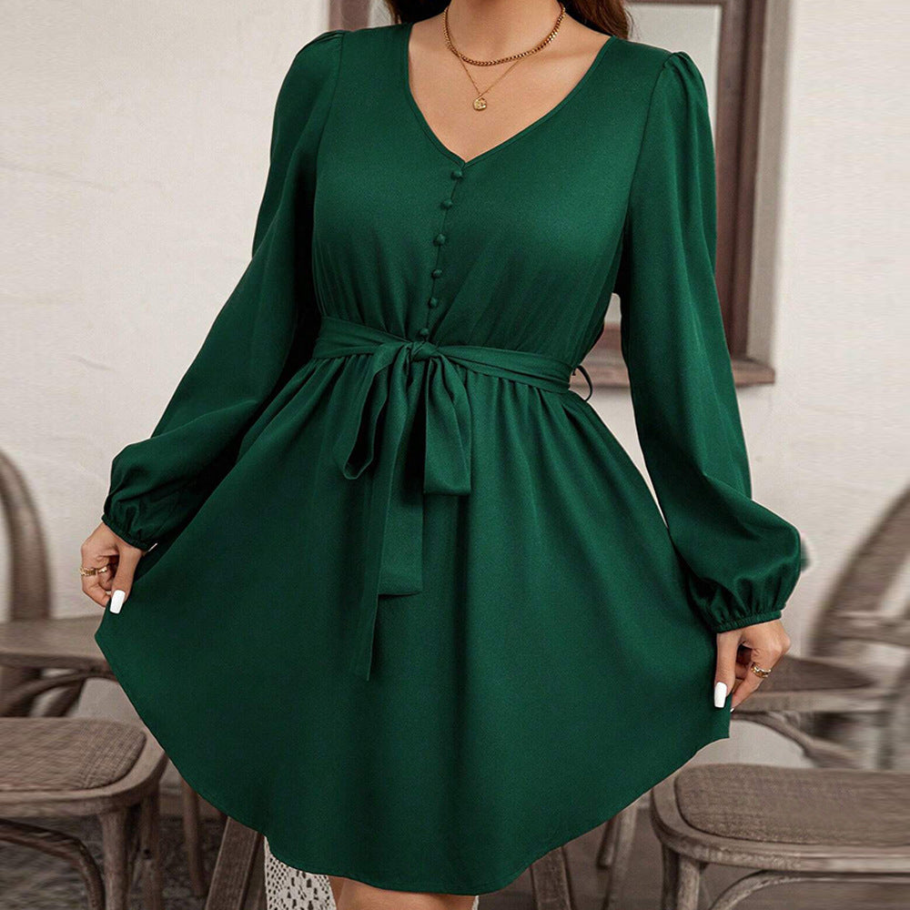 Plus Size Green A-Line Dress – High Waist Solid Color Polyester Dress