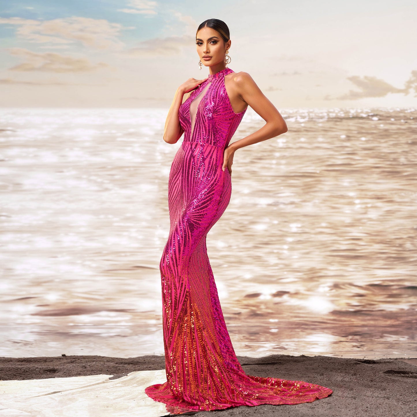 Elegant Rose Red Sequin High-Waist Long Dress