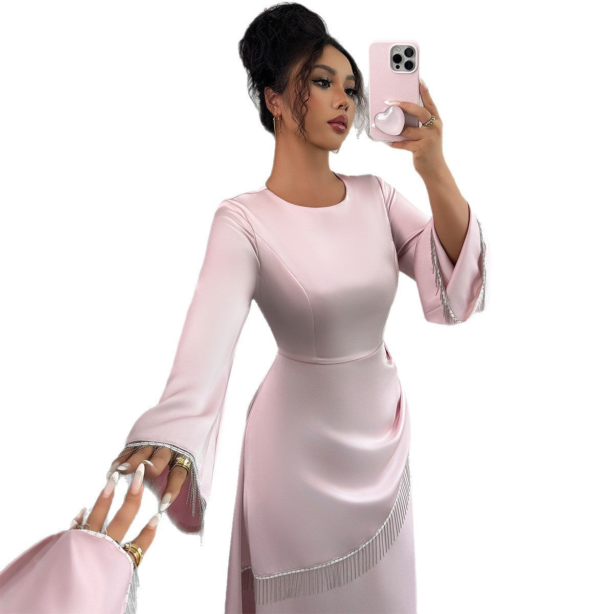 Women's High-Waist Pink Long Sleeve Dress – Elegant Polyester Midi Dress