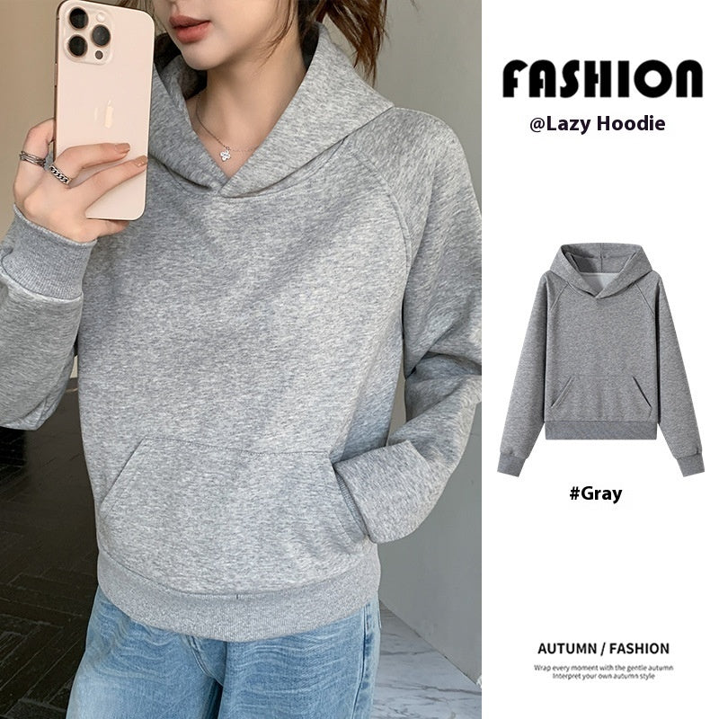 Women’s Solid Color Loose Pullover – Cotton Sweatshirt with Pocket