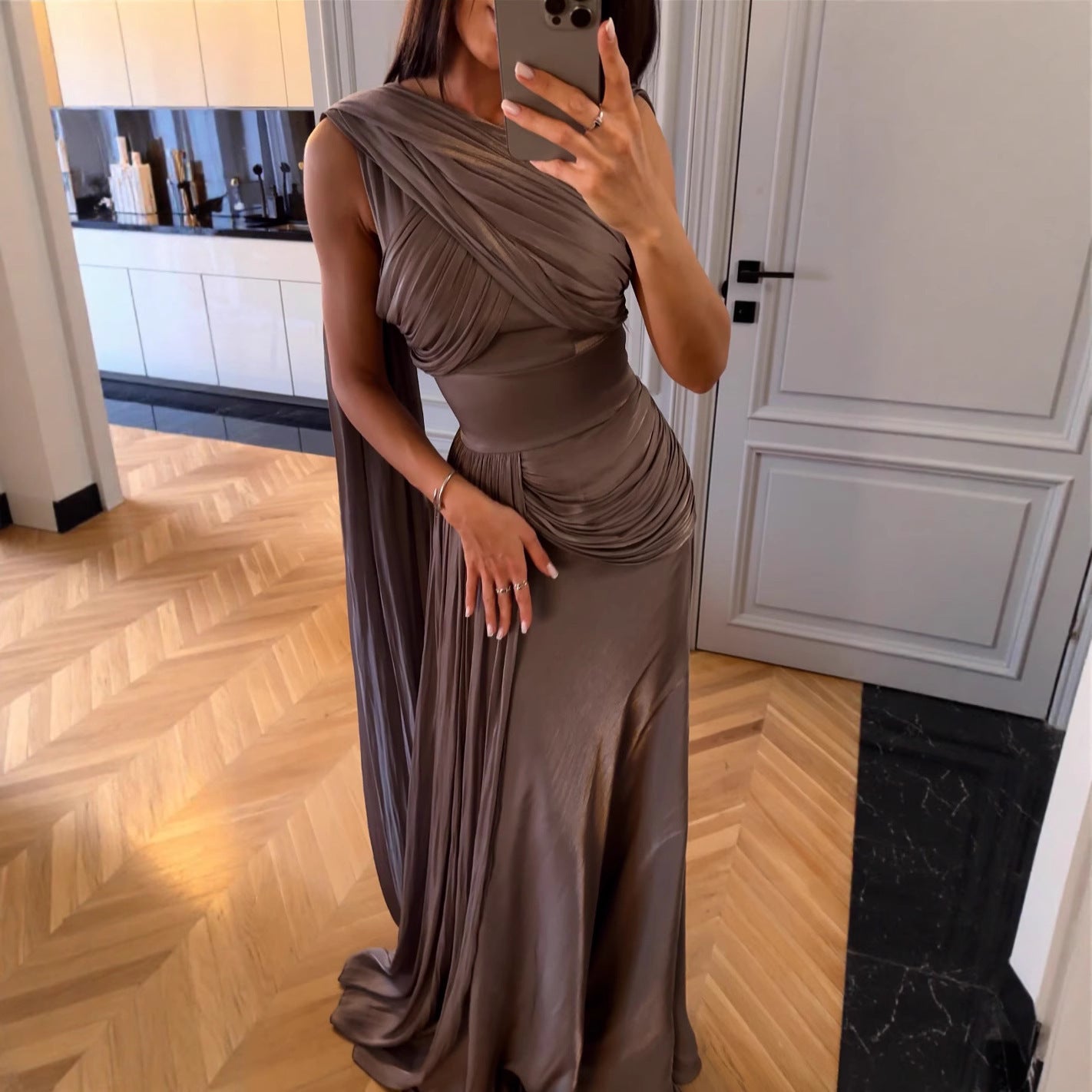 Greyish Purple Sleeveless Long Dress with Ribbon – Mid Waist, S to XXL