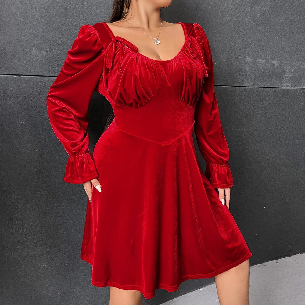 Plus Size Red A-Line High Waist Dress – Solid Color Polyester Dress