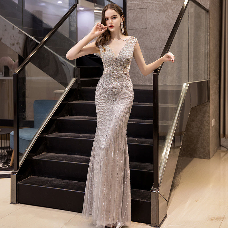 Elegant Sleeveless Fishtail Dress – Mid Waist, Cameo Brown / Gray / Champagne