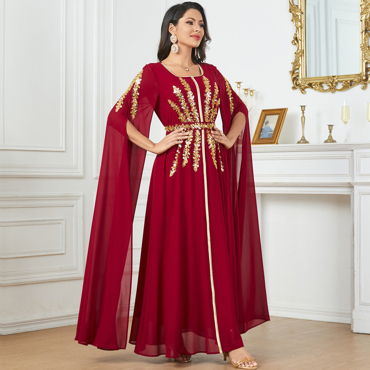 Chiffon Long Dress with Split Sleeves – Red / Black, M to XXL