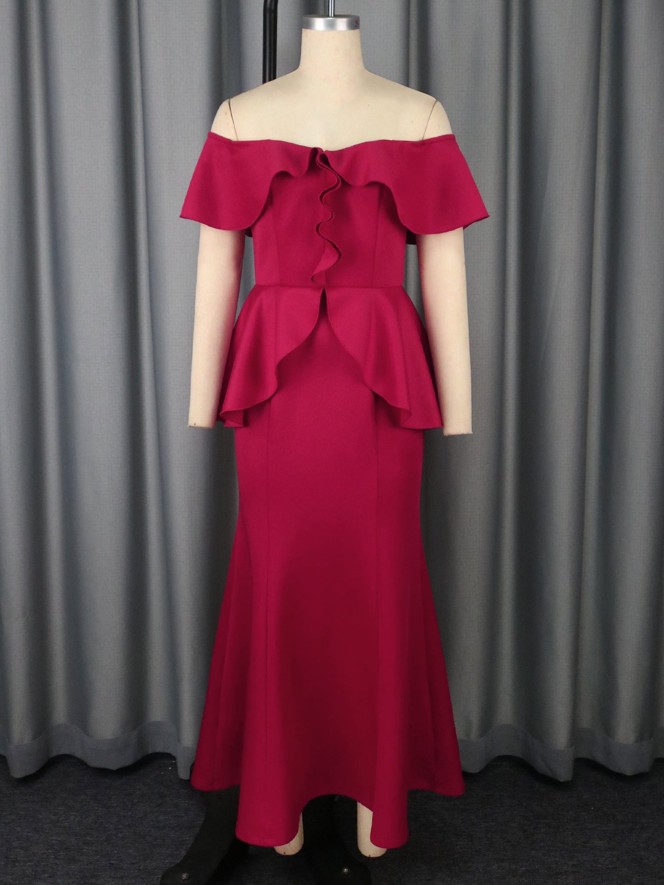 Elegant Red Fishtail High-Waist Tube Dress with Ruffle Sleeves – S to XXL