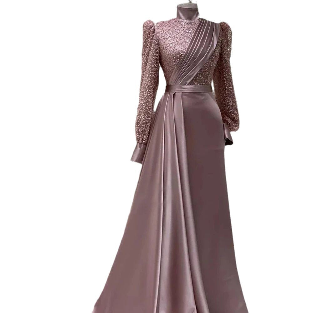 Satin Long Sleeve Zipper Dress with Beaded Detail