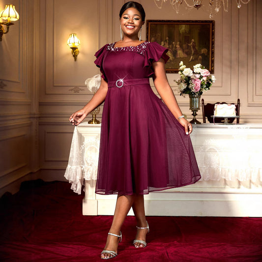 Elegant wine red plus-size socialite dress with ruffled sleeves and beaded details. Mid-length design perfect for adults.