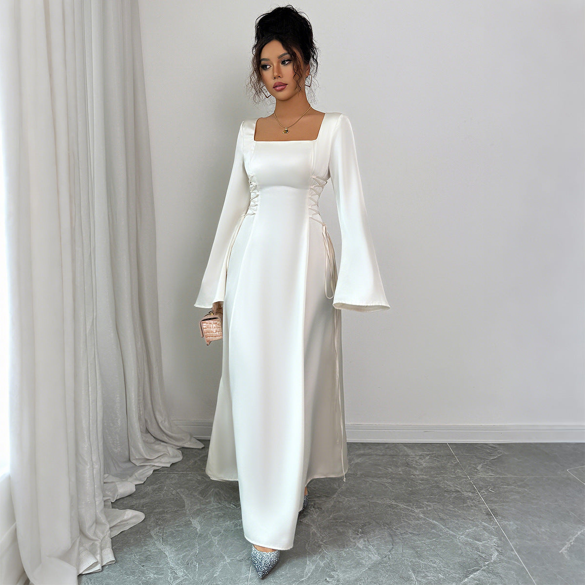 Women's Apricot Bell Sleeve Midi Dress – Elegant Mid Waist Long Sleeve Dress