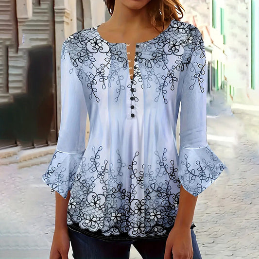 Shop the Women’s V-Neck 3/4 Sleeve Button Front Tunic Blouse. A soft, stretchy, and flattering top for dressy casual wear. Perfect with jeans or slacks for effortless style.