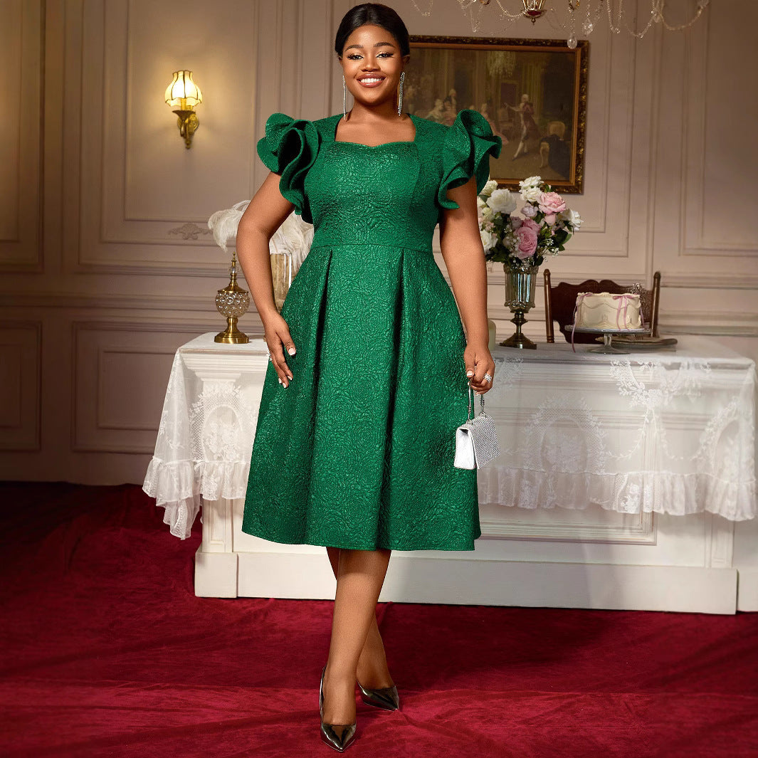 Dark Green Plus-Size Socialite Dress with Ruffled Sleeves Jacquard