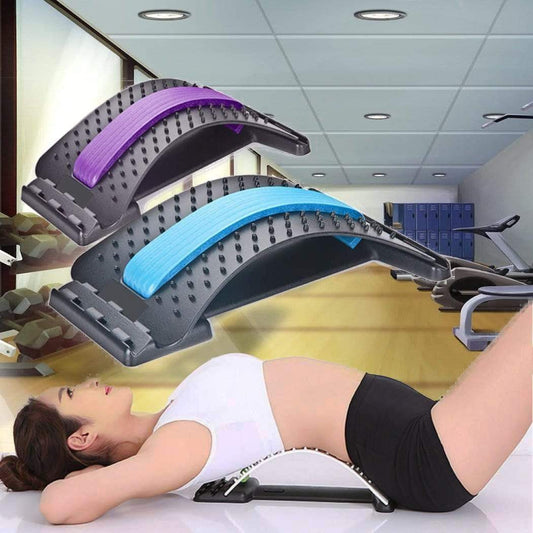 Relieve back pain with this adjustable magnetic back stretcher & lumbar massager. Features 10 magnets, 96 acupressure points, and 3 stretch levels. Durable & eco-friendly."