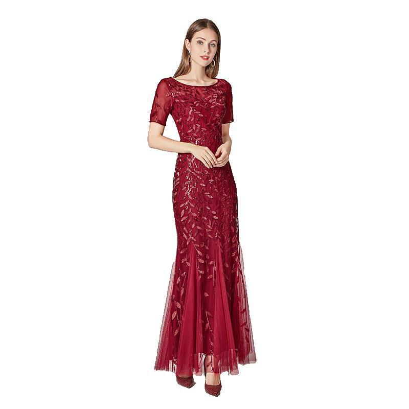 Elegant Lace & Embroidered Round Neck Floor-Length Dress