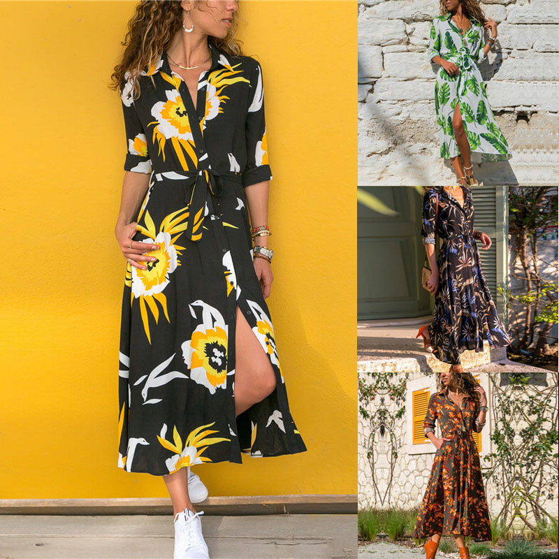 Printed Chiffon V-Neck A-Line Dress – High Waist Stitch Detail Midi Dress