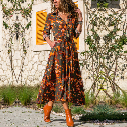 Stylish printed chiffon A-line dress with V-neck, high waist, and stitching details. Lightweight and breathable. Sizes S–3XL. Colors: white, gray, black + blue.