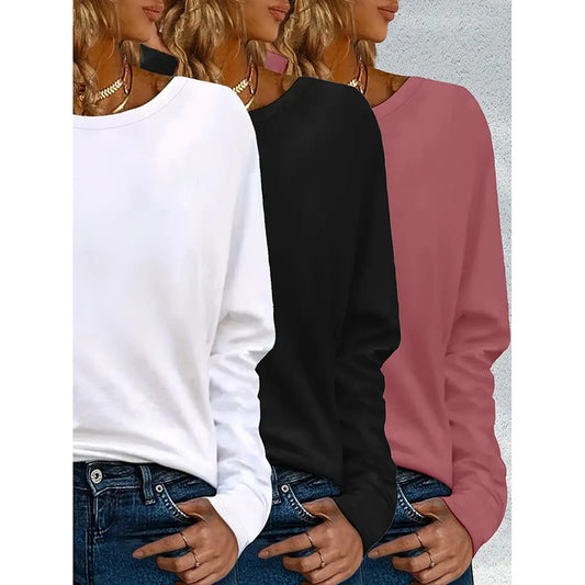 Get 3-Pack Women’s Plus Size Long Sleeve Crew Neck Tees (1X–5X). Soft, breathable, and relaxed fit basics perfect for layering or casual wear.