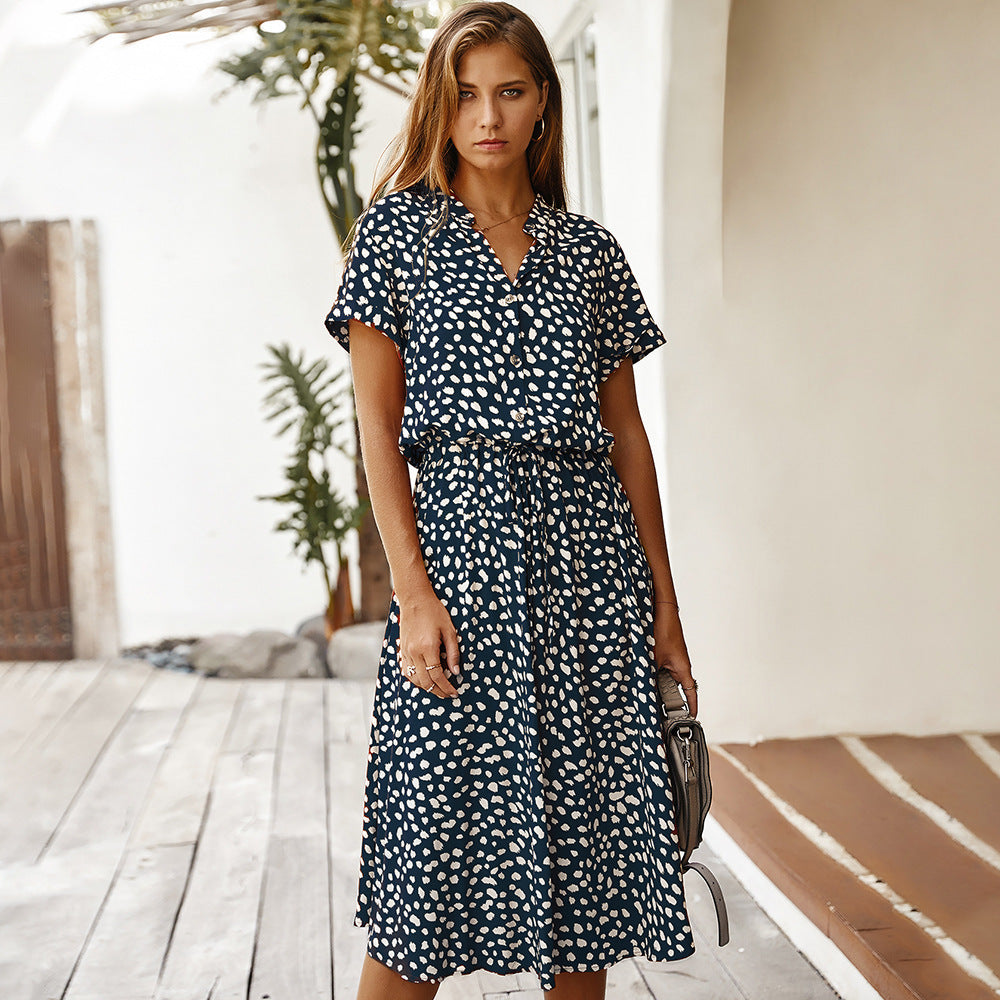 Polka Dot High Waist Dress – Short Sleeve Cotton Rayon Printed Dress