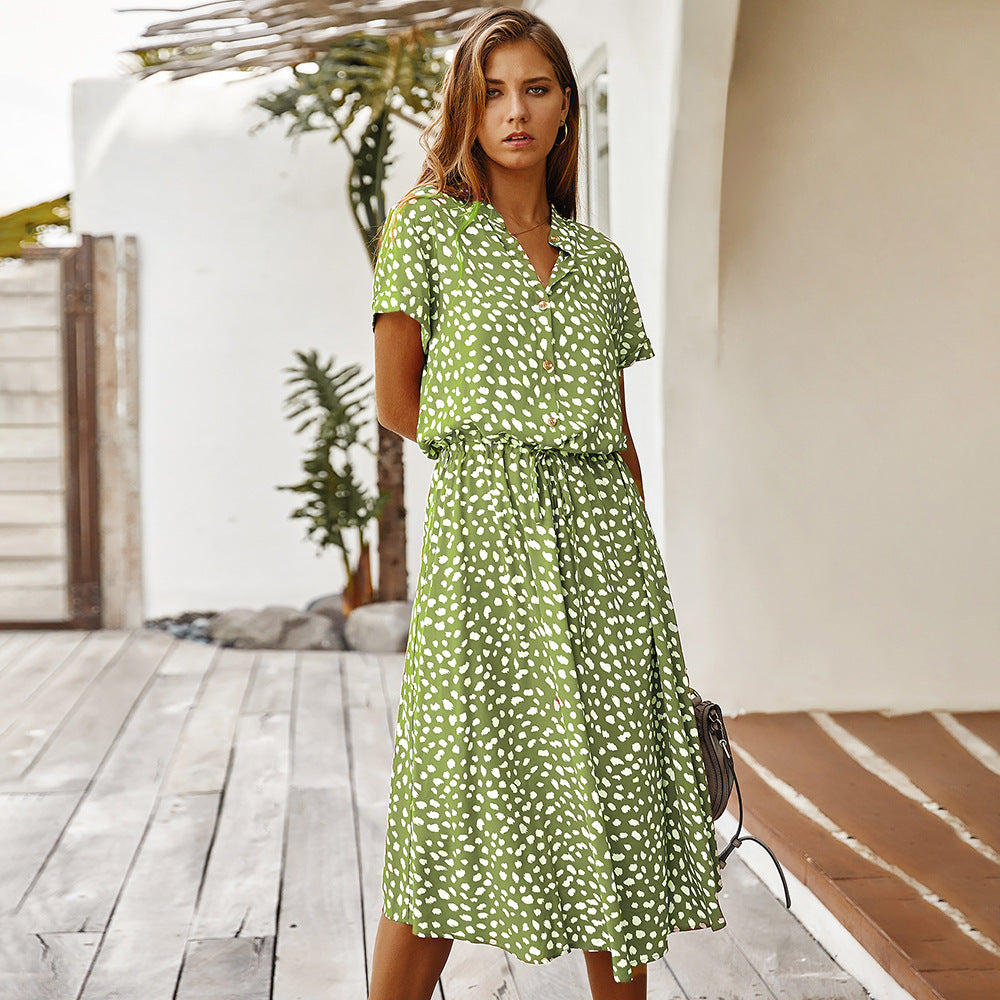 Polka Dot High Waist Dress – Short Sleeve Cotton Rayon Printed Dress