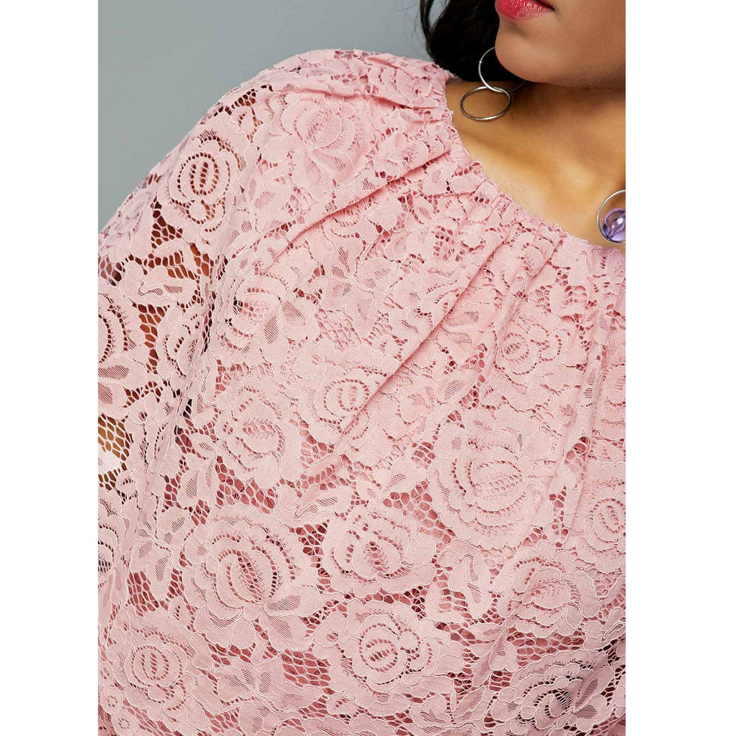Pink Floral Lace Mid Skirt Dress – High Waist, Five-Point Sleeve