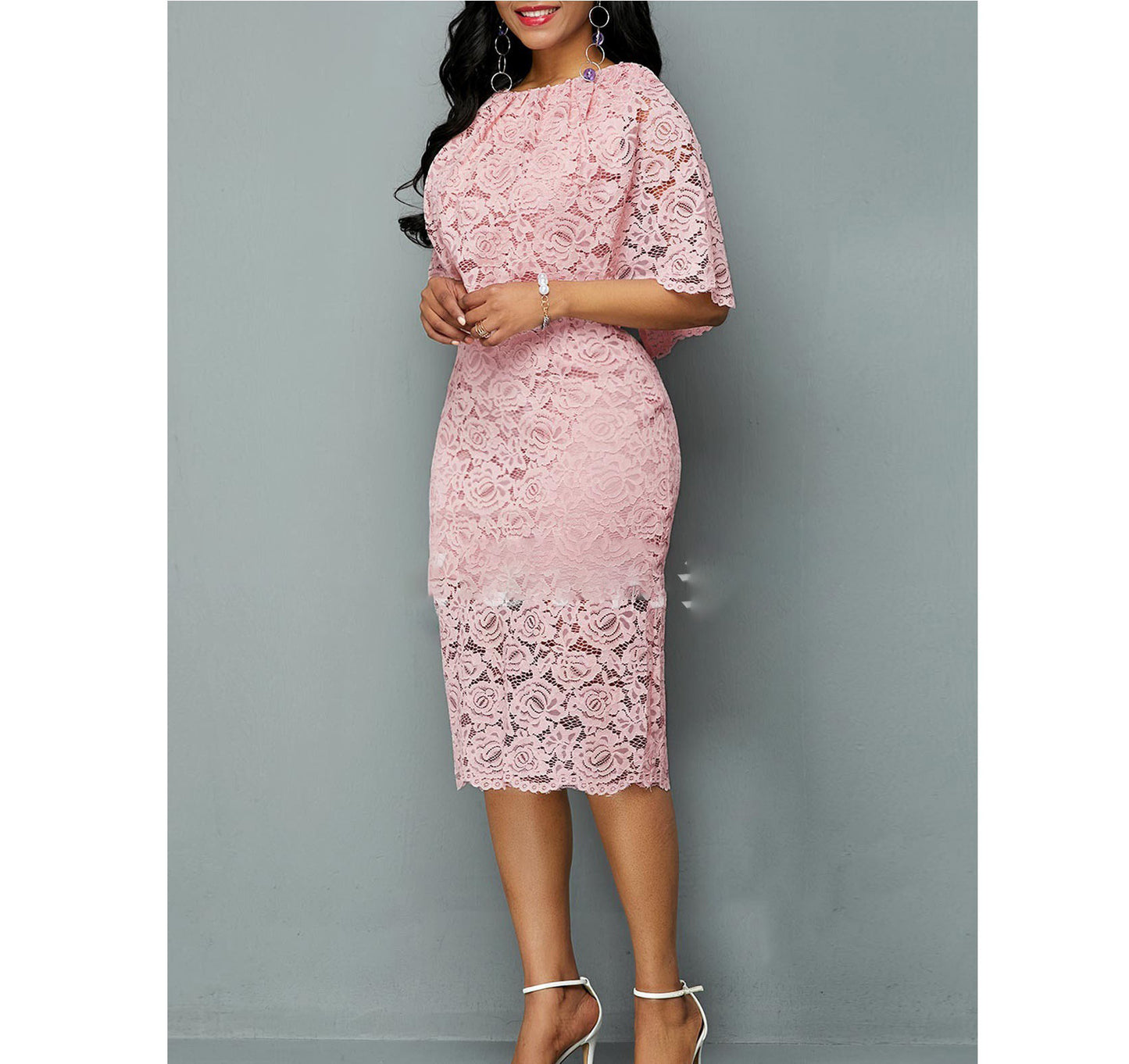 Pink Floral Lace Mid Skirt Dress – High Waist, Five-Point Sleeve