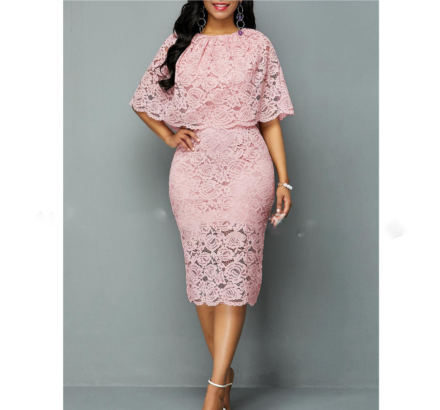 Pink Floral Lace Mid Skirt Dress – High Waist, Five-Point Sleeve