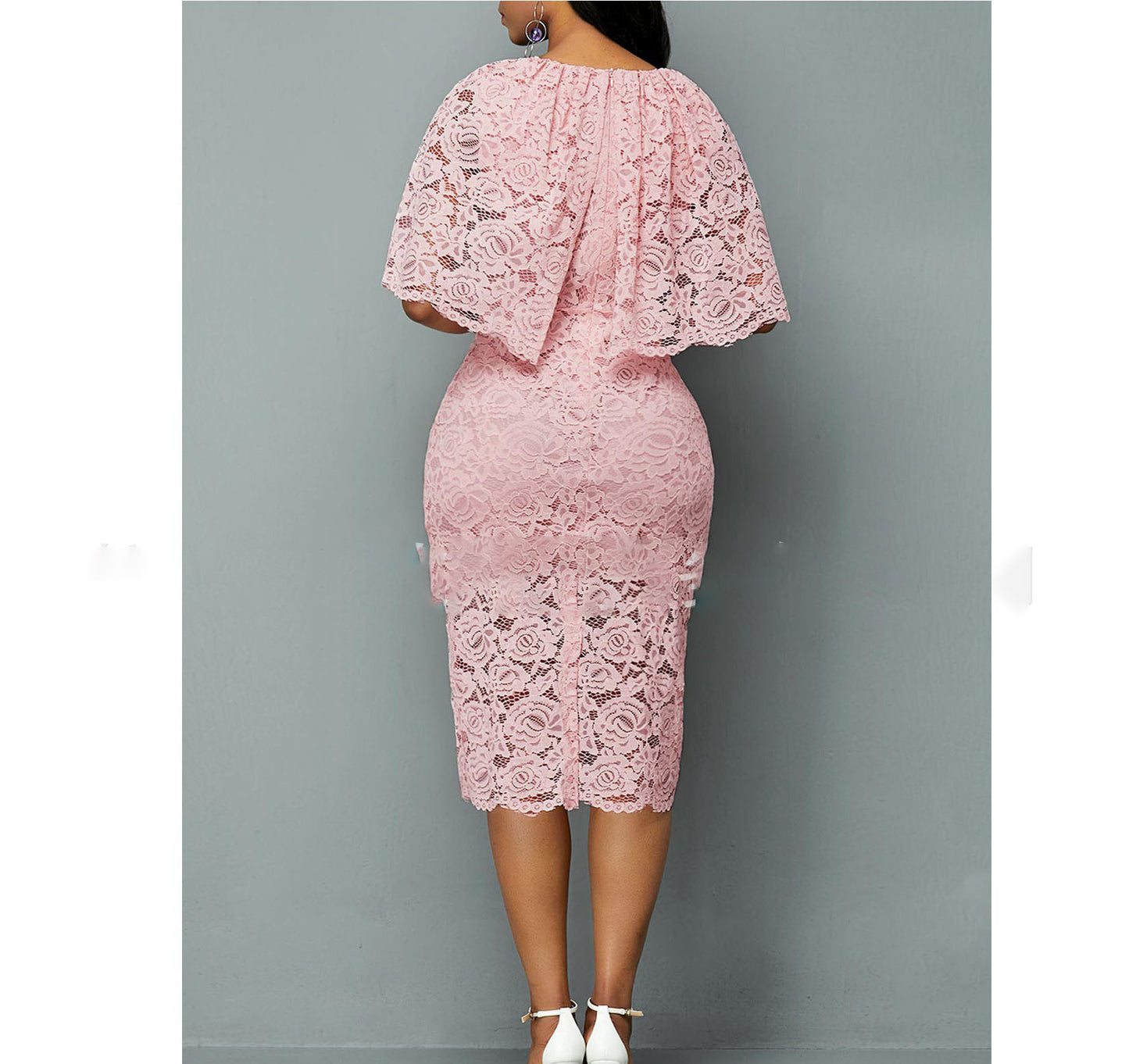 Pink Floral Lace Mid Skirt Dress – High Waist, Five-Point Sleeve
