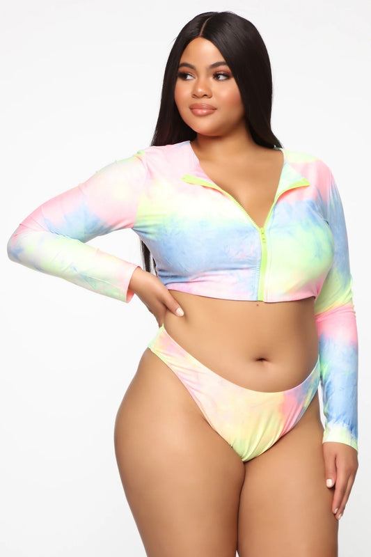 Shop Women’s Plus Size Gradient Swimsuit Set – long sleeve zipper top with triangle shorts. Available in colorful and starry sky prints, sizes 2XL–5XL. Sexy, stretchy, and durable swimwear for beach and pool.