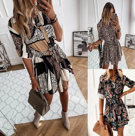 Vintage-style short skirt dress with bold prints: leopard, floral, and colorblock. Lightweight and stylish. Made from a soft chemical fiber blend.