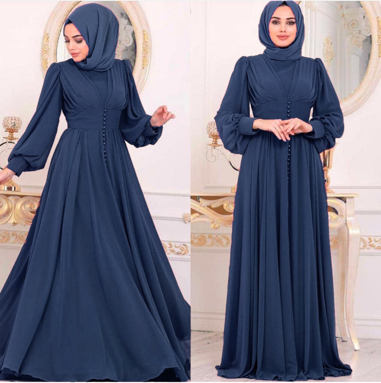 Elegant Long-Sleeve Collage Maxi Dress – Multiple Colors