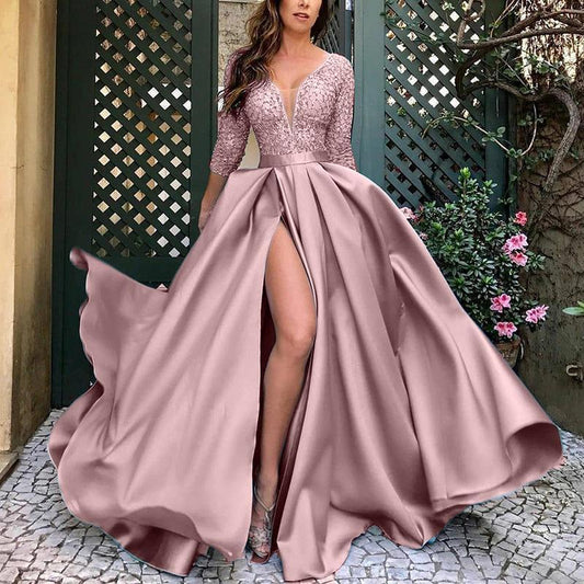 Chic V-neck maxi dress with a flattering large swing skirt. Made from premium polyester, featuring 5/4 sleeves and a mid-waist design. Perfect for parties, formal events, and evening wear.