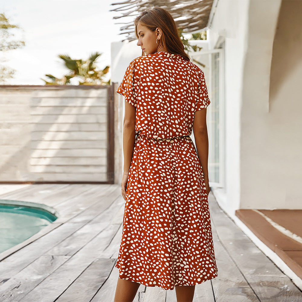 Polka Dot High Waist Dress – Short Sleeve Cotton Rayon Printed Dress